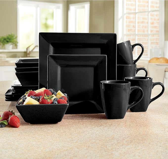 Montgomery Ward 16-Piece Sleek Black Square Dinnerware Set for 4 - Modern Stoneware Plates and Bowls Set (Black)