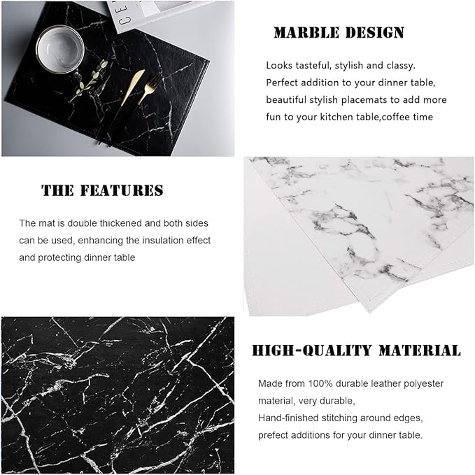 Marble Leather Placemats for Dining Table Waterproof Set of 4 Marble Decor for Kitchen Table Easy to Clean PU Place Mats for Dinning,Office (Marble（White）)