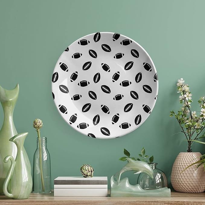 Decorative Plates, American Football Print Ornament, Monochrome Pattern Black Rugby Balls Sports, 8 Inch, Kitchen Wall Decor, Black White