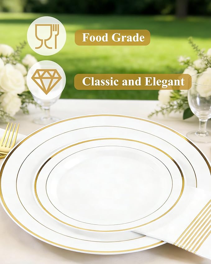 Quatish 120 Pcs Gold Rim Disposable Plastic Plates for Party,Wedding Plate Includes 60 Pes 10.25 Inch 60 Pes 7.5 Inch Heavy Duty Dinner & Dessert Plates, Perfect for Festivals,Picnics,in White