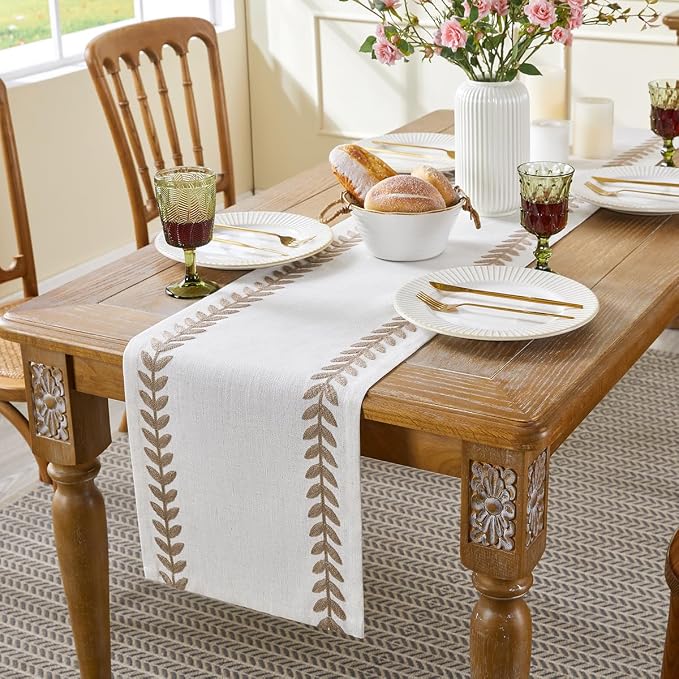 Linen Embroidered Table Runner, Taupe Table Runners 90 Inches Long | Linen - Image 4