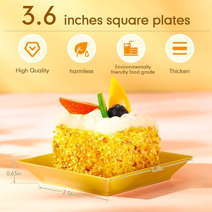 Zhehao 100 Pcs Plastic Dessert Appetizer Plates Disposable, 3.6 x 3.6 Inch Small Square Plastic Dessert Cake Plate for Party, Valentine's Day Wedding Birthday Bridal Baby Shower Supplies (Gold)