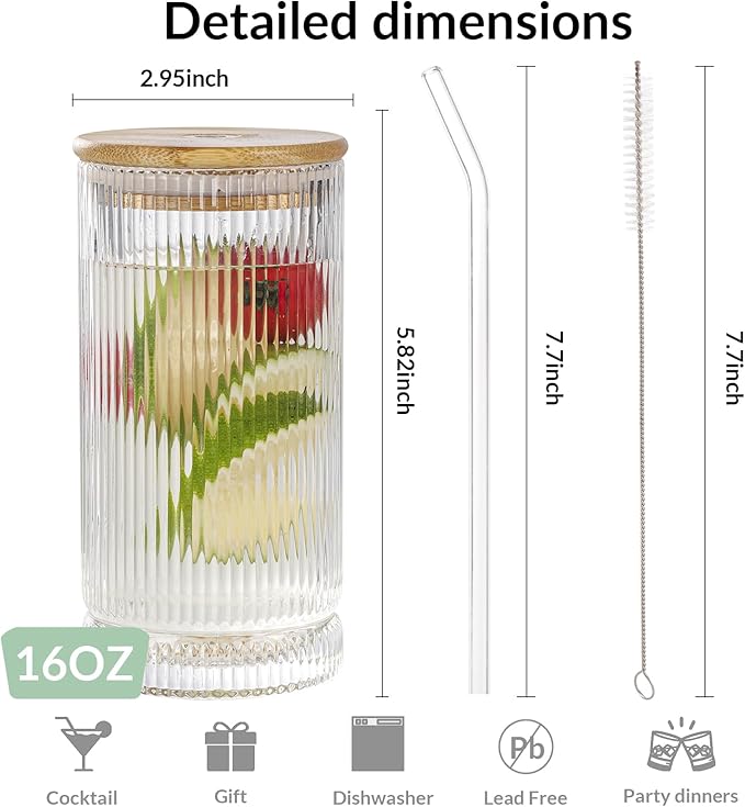 Vintage Ribbed Glassware Set, 16oz Drinking Glasses, Origami Style Set of 4, Fluted Design, Ideal for Water, Iced Coffee, Juice, Beer, Milk, Gift (16oz with lids and straws)