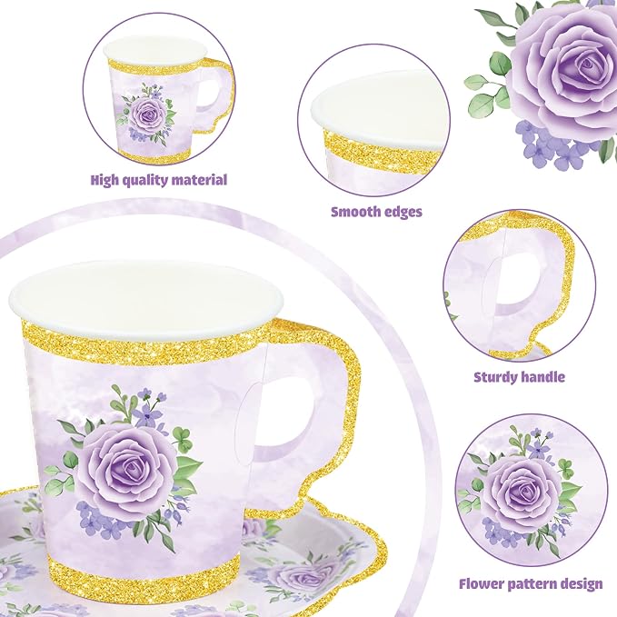 24 Sets Floral Paper Tea Cups and Saucers Disposable Tea Party Supplies - Image 3