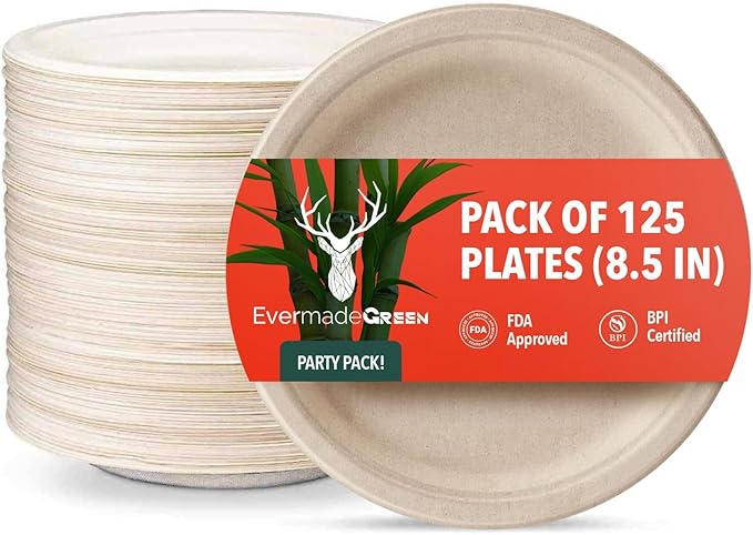 Heavy Duty Disposable Paper Plates 8.5 inch - Set of 125 | Compostable | Made from Sugarcane Bagasse | Biodegradable Dinner Plates | Rustic Dinnerware for Christmas, Wedding, Party