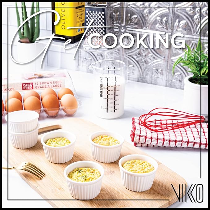 Vikko White Ramekin, Set of 12 Fine Porcelain Ramekins, Stackable 3 Inch Bowls, 3.5 Ounce Dips Dish, Dishwasher Safe