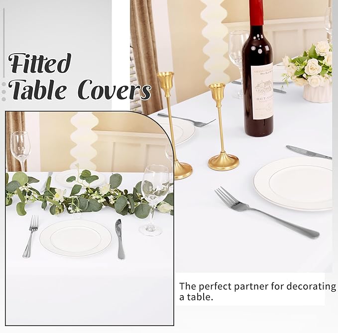 HAISIWLKJ 3 Pack Table Cloth 8ft White Tablecloths for Rectangle Folding Table Spandex Fitted Stretch Cover Wrinkle Resistant Washable Protector for Party, Wedding, Banquet, Festival.