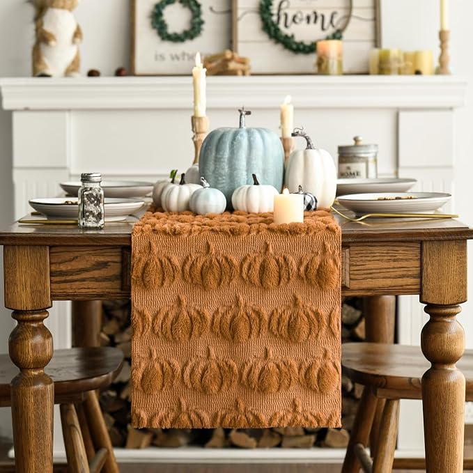 Artoid Mode Caramel Soft Faux Fur Pumpkins Fall Table Runner 13x72 Inch | - Image 6