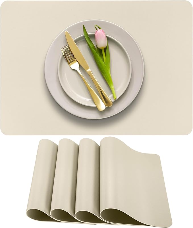 More Décor Faux Leather Placemats Set of 4 for Dining Table – Waterproof, Wipeable, Washable, Stain & Heat Resistant, Non-Slip Table Mats – 12 X 17 Inch, (Solid Ivory, 4)