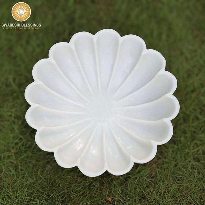 SWADESHI BLESSINGS HandCrafted Marble Decorative Bowl | White Ruffle Scalloped Fluted Key/Fruit Ring Dish | Organic Modern Home Decor (8 Inches)