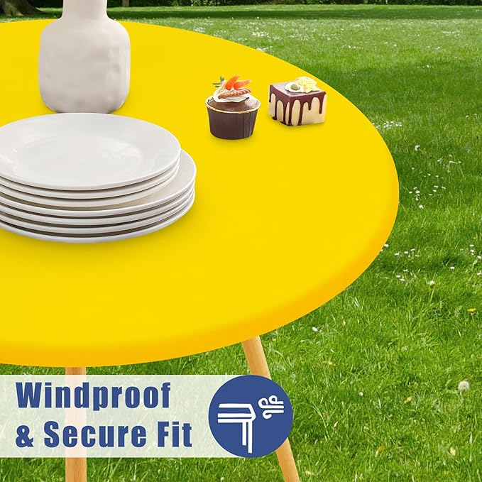 Round Spandex Tablecloth 2 Pack, Elastic Fitted Waterproof Tablecloths for 57"-68" Tables, Stretch Washable Picnic Table Cover for Camping, Dining, Indoor and Outdoor, Yellow