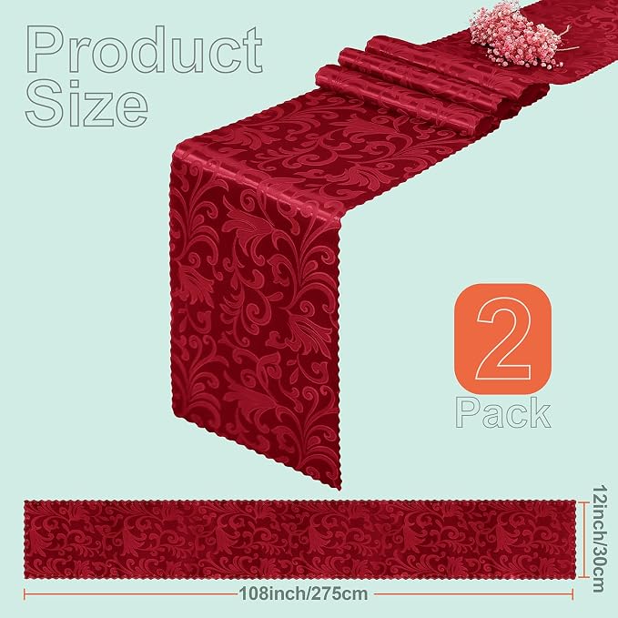 Red Satin Table Runner 12 x 108 Inch, 2 Pack | Bright Smooth Damask, Silky - Image 3