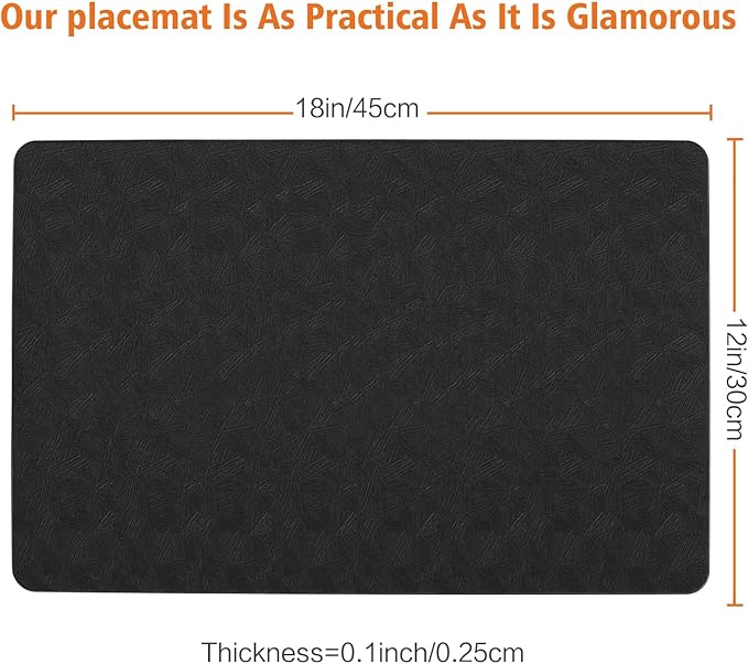 Vinyl Placemats Set of 4 Heat Resistant Easy Clean Non-Slip Place Mats for Dining Table. Faux Leather Waterproof Stain Resistant Wipeable Washable PU Table Mats(4, Black)