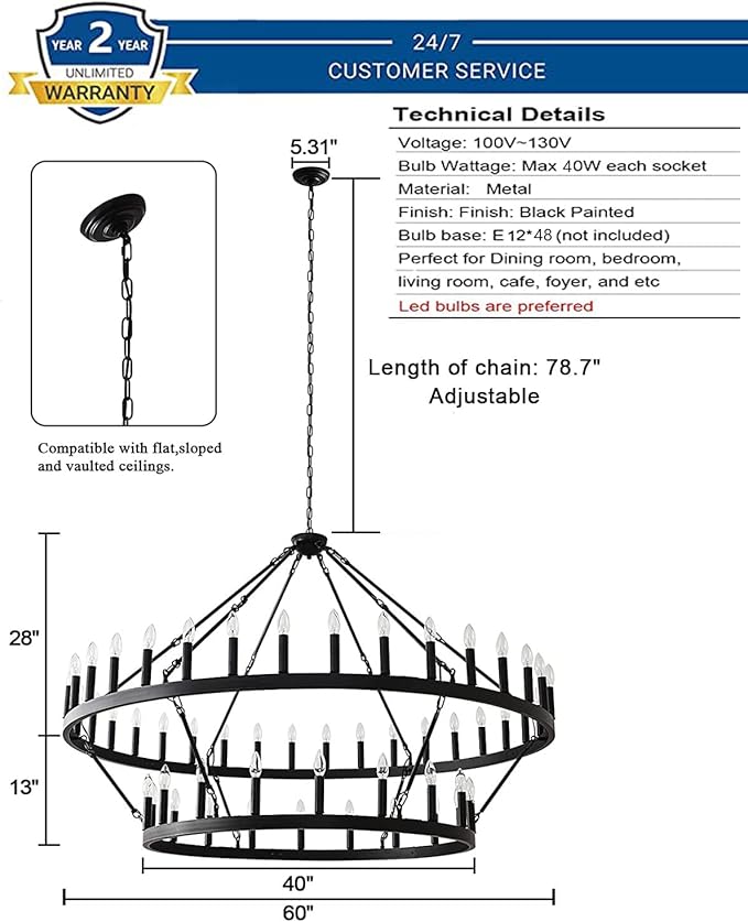 60 Inch Large Black Wagon Wheel Chandelier,2 Tier 54-Lights Farmhouse Industrial Country Style Round Pendant Light Fixture for Outdoor Porch high Ceilings Living Dining Room Foyer Entryway