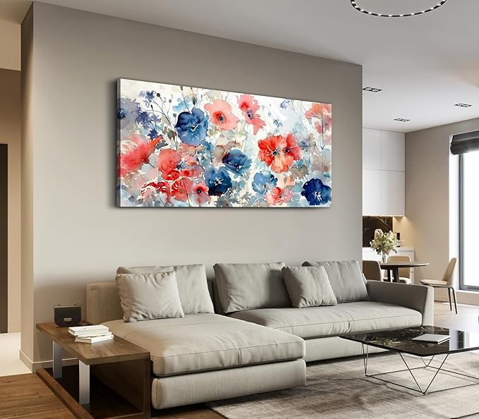 ADJUVANT Wall Art Watercolor Vibrant Floral 48"L x 24"W, Colorful Poppies With Soft Hues Canvas Painting Lively Blooms Artwork Delicate Tones Prints Wall Decor for Living Room Bedroom Bathroom Home Office