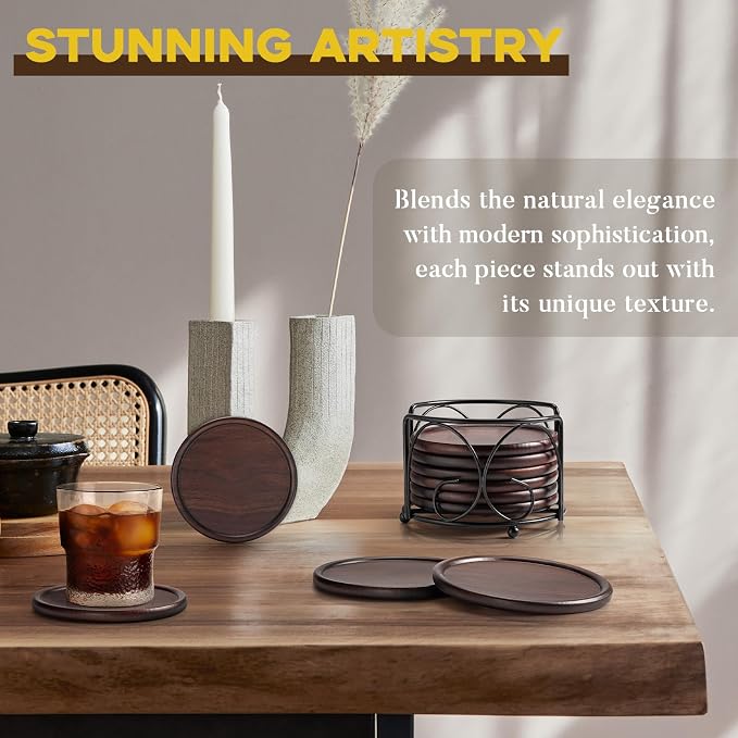 Wood Coasters with Metal Holder, GOH DODD Set of 6 Walnut Wooden Coaster - Image 3