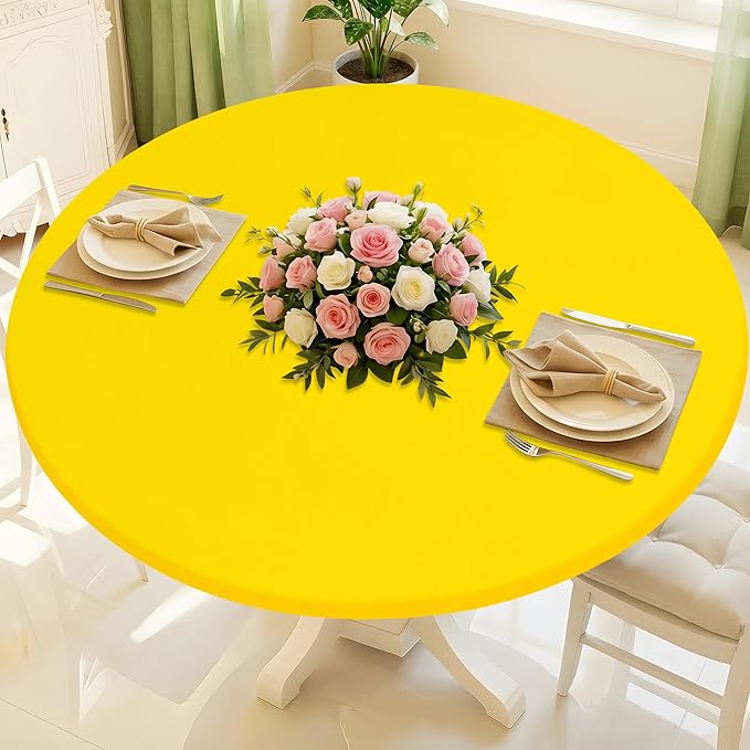 Round Spandex Tablecloth, Elastic Fitted Waterproof Tablecloths for 42"-50" Tables, Stretch Washable Picnic Table Cover for Camping, Dining, Indoor and Outdoor, Yellow