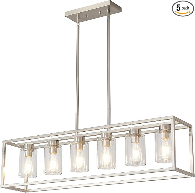 XILICON Dining Rooms Brushed Nickel Chandeliers,Kitchen Island Farmhouse Lighting Fixture Industrial Rustic Ceiling Hanging 6 Light Modern Pendant Light with Glass Shade