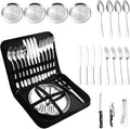Camping Silverware Silver Picnic Plates and Utensils Set for 4 Portable Tableware Stainless Steel Dinnerware 20 Pieces With Organizer Bag Reusable Durable