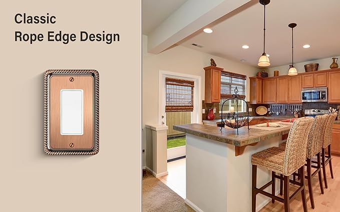Henne Bery Rope Edge Decorative Wall Plate Switch Plate Outlet Cover (Single Decorator, 3 Pack, Antique Copper)