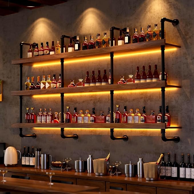 78.7in Large Wine Rack with LED Light Solid Wood Wall Mounted Wine Rack, 3-Tiers Liquor Bottles Floating Shelves Display Storage Organizer for Home Bar & Dining Room (200cm/78.7in)