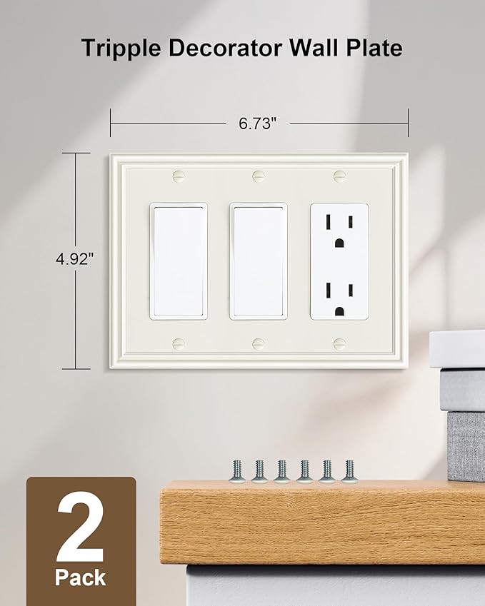 2-Pack Tripple Decorator Outlet Cover Plate, Durable Zinc Alloy 3 Gang Wall Plate, Light Almond Decorative Switch Plates and Outlet Covers, Corrosion Resistant