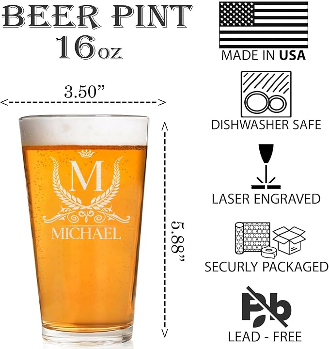 Personalized 16oz Beer Glass, Engraved Monogram Pint Glass, Birthday, Chrismas Gifts for Him, Groomsmen Gift Idea, Groomsman Beer Mug, Best Man Gift