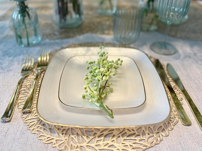 " OCCASIONS " 50 Plates Pack (25 Guests)-Wedding Party Disposable Plastic Plate Set -25 x 10'' Dinner + 25 x 7'' Salad & Dessert plates (Belize Square in Ivory & Gold)