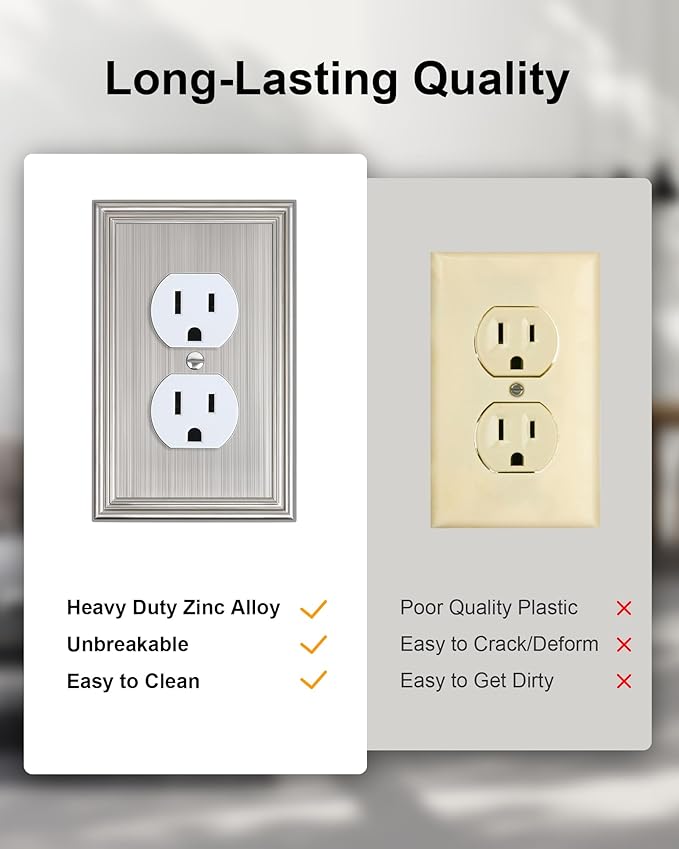 4-Pack Duplex Outlet Cover, Durable Solid Zinc Alloy Decorative Switch Plates and Outlet Covers, Brushed Nickel Wall Plates for Electrical Outlet, 1 Gang Receptacle Cover, Corrosion Resistant