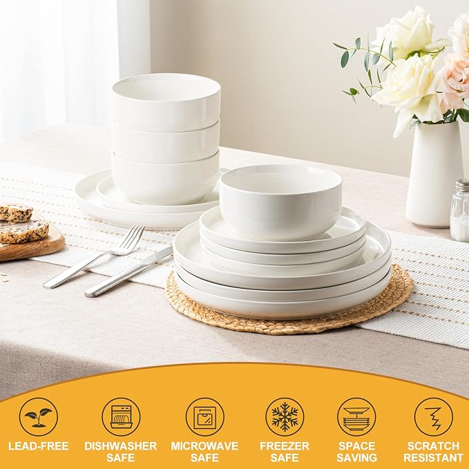 EWFEN Plates and Bowls Sets, 12 Pieces Ceramic Dinnerware Set - Image 7