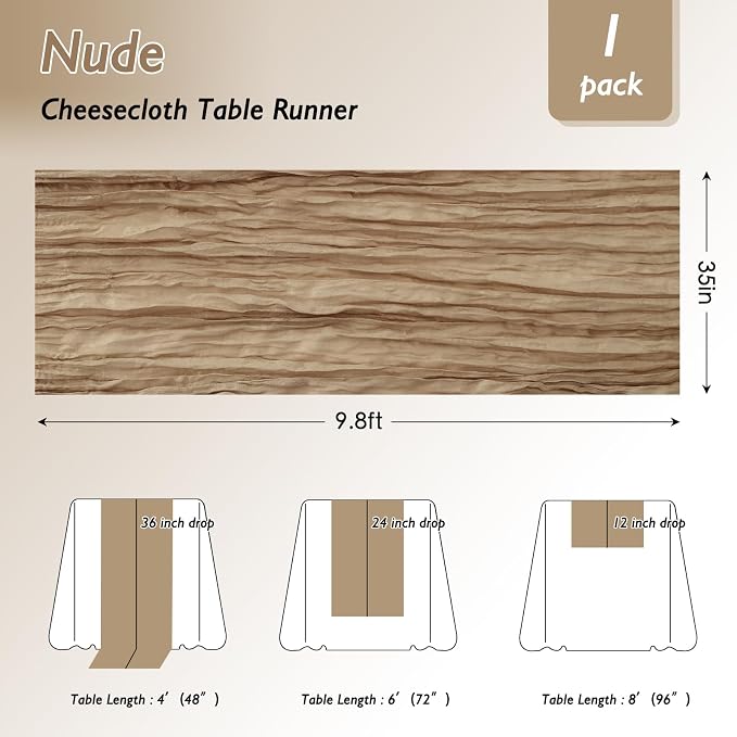 6 Pack Nude Cheesecloth Table Runner 120 Inch Boho Wedding Decor | Cheesecloth - Image 2