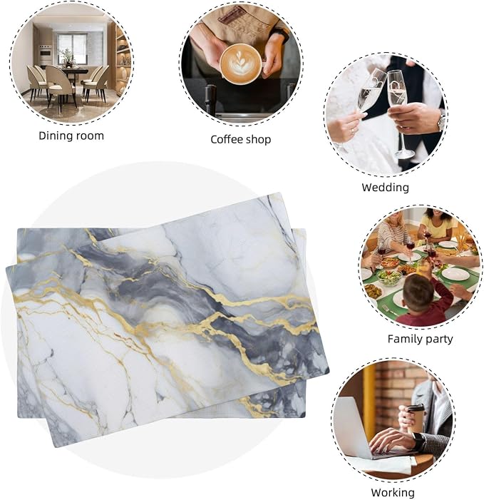 Fiokroo Golden Marble Texture Placemats Set of 6 Table Mats Table Tableware - Image 3