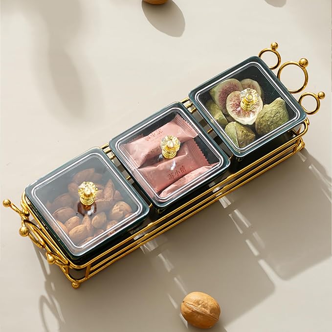 YA JU Ceramic Bowls and with Lid Gold Basket Trays, 6 Removable Small Bowls Condiment Trays Nut Serving Set for Snacks, Fruits, Candy and Condiments - Great for Parties, Holiday Gifts, Green