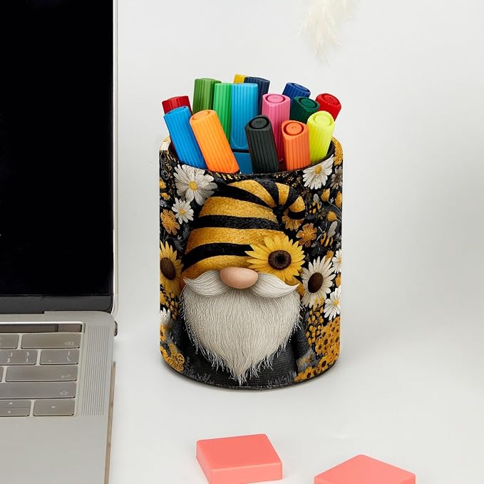 Leather Pen Holder for Desk, Gnome Sunflower Pencil Cup Pen Organizer Makeup - Image 5