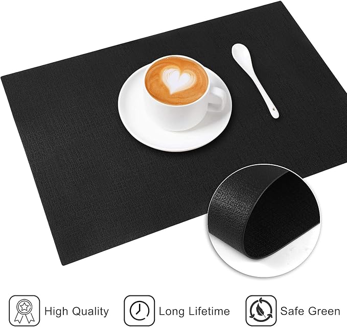Leather Heat Resistant Placemats Set of 6 Waterproof Wipeable Washable PU Table Mats,Easy to Clean Anti-Slip Place Mats (Black, 6)