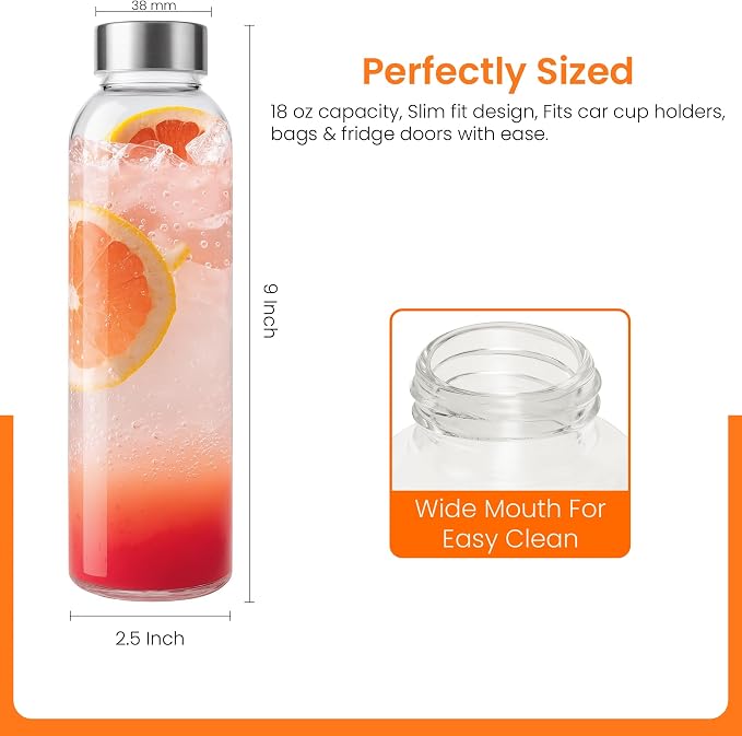 Epica Clear Glass Bottles with Lids 18oz Water Bottles, Steel Cap - Image 2