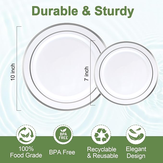 60 PCS Silver Plastic Plates, Silver Disposable Party Plates, Premium Christmas Plastic Plate Include 30 Dinner Platos 10'' and 30 Dessert Platos 7'' Perfect for Birthday, Christmas & Party