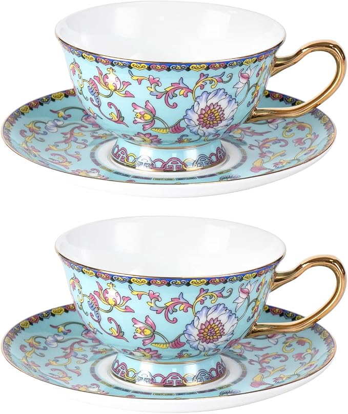 KAMMAK Tea Cups and Saucers Set of 2, Porcelain Coffee Cups, JBE021 | Stackable by KAMMAK