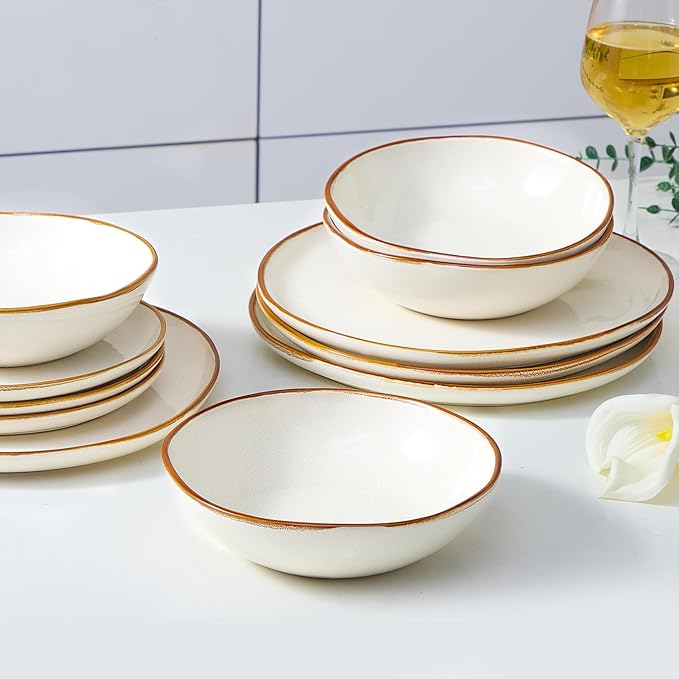 Bestone 12 Pieces Round Kitchen Dinnerware Sets，Plates and Bowls Sets,Dishes, Plates, Bowls, Dish Set, Chip Resistant Ceramic Dinnerware Set, Dishwasher/Microwave Safe,Service for 4,Pearl White