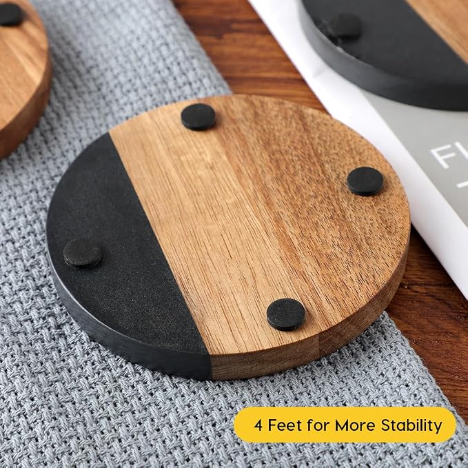 WLWNWFT Marble Acacia Wood Drinks Coasters Set of 4, Modern Rustic Wooden - Image 5