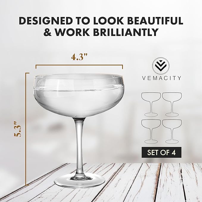 VEMACITY - Elegant Espresso Martini Glasses Set of 4 (10oz) - Classic Coupe Glasses for Martinis, Champagne, Margaritas | Handblown Crystal Cocktail Glassware | Ideal for Martinis and Cocktails