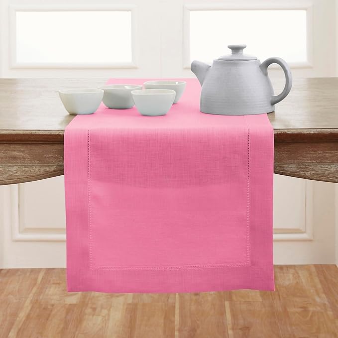 Solino Home Linen Table Runner 36 Inches - 100% Pure Linen Flamingo Pink Hemstitch Table Runner 14 x 36 Inch Ideal for Dresser and Coffee Tables, Valentines, Spring, Easter - Classic Hemstitch