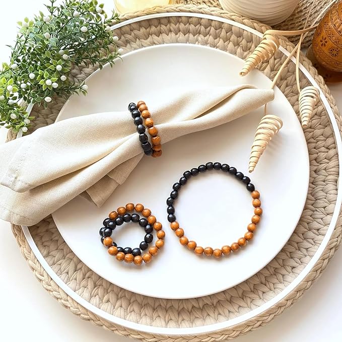 Napkin Rings Set of 6 - Modern Napkin Holder Rings with Wooden Beads | Dinner Napkin Ring for Holiday & Christmas, Birthday Party, & Wedding Decor - Farmhouse Napkin Rings Bulk (Yoko)