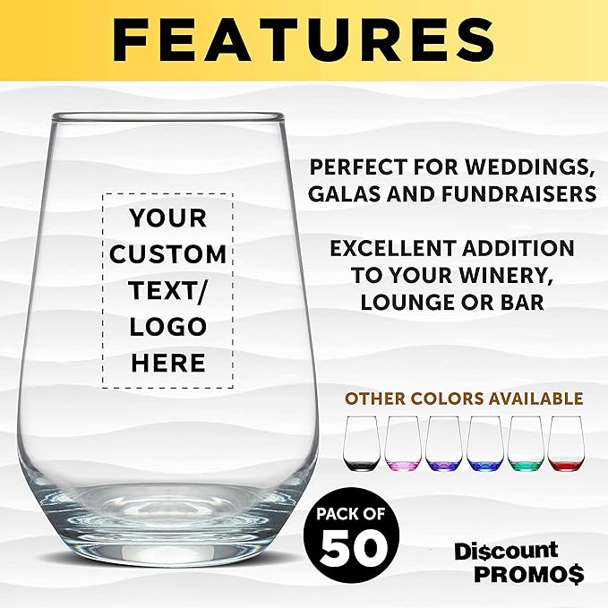 DISCOUNT PROMOS 50 Vaso Silicia Stemless Wine Glasses Set, 16 oz. - Personalized Text, Logo - Clear, Orb-Like, Thick base - Clear