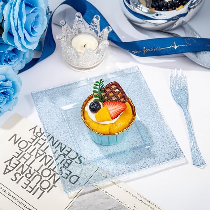 DaYammi 100Pcs Blue Glitter Dessert Plates Including 50Pcs Appetizer Plates 6" and 50Pcs Plastic Forks 5.7",Blue Plastic Square Plate for Party,plastic Salad Plate and Cake Forks for Wedding Birthday