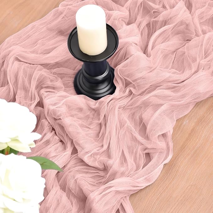 Joanlody Dusty Rose Cheesecloth Table Runner Spring Easter 10Ft Rustic Gauze Boho Cheese Cloth Table Runner for Wedding Bridal Baby Shower Decoration