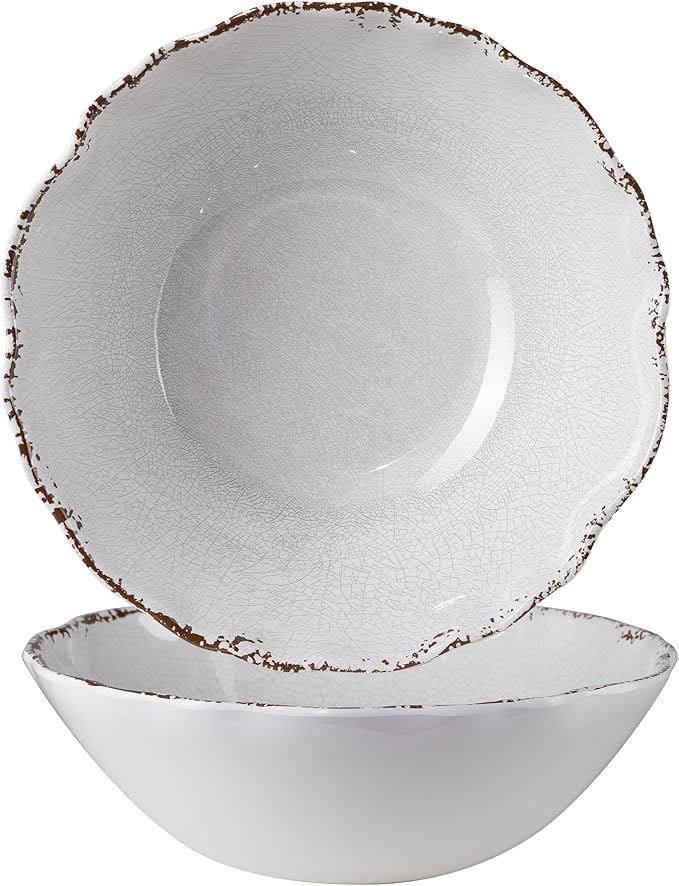 Rustic Melamine Serving Bowls, 12 inch Larger Salad Bowl Set, Farmhouse White by ZAROCRUS