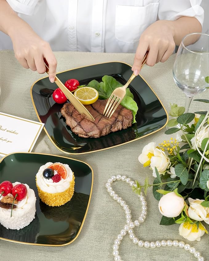 bUCLA 50PCS Green and Gold Plastic Plates - Green Gold Square Plastic Disposable Include 25 Each (Dinner & Dessert) Plates, Ideal for Party & Christmas