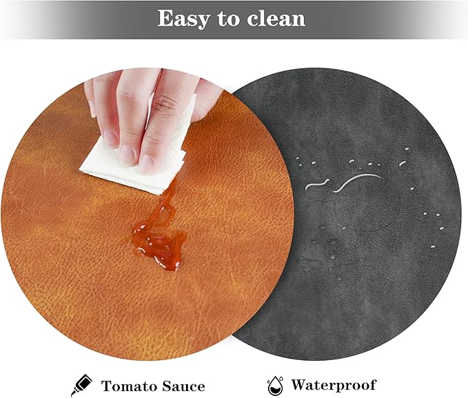 Round Placemats and Coasters Set of 8, Washable Reversible Faux Leather Placemats Cowhide Pattern Place Mats Wipeable Non-Slip 15 inch Round Kitchen Dining Table Mats (Gray Brown, 8)