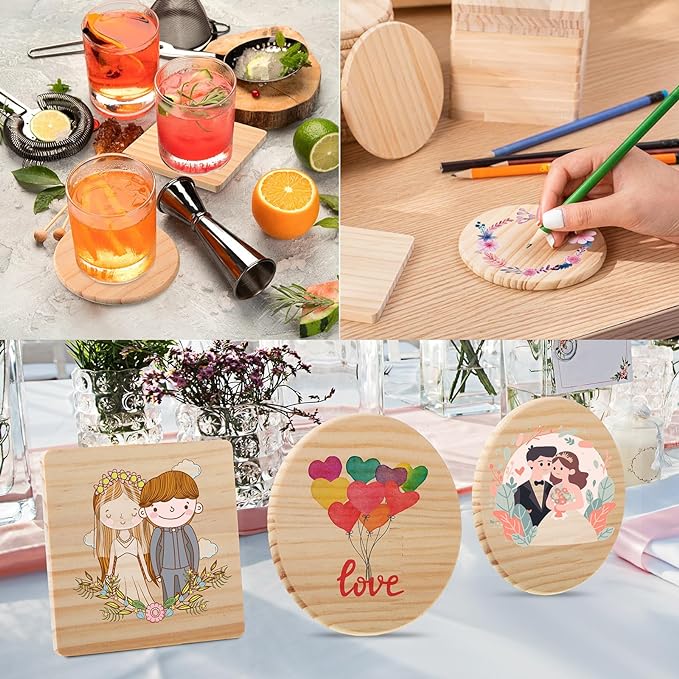 Hushee 72 Pcs Unfinished Wood Coasters 4 Inch Blank Wooden Coasters for Crafts with Non Slip Foam Pad Stickers Wooden Craft Tabletop Protection for Christmas DIY Painting Engraving Home Decoration